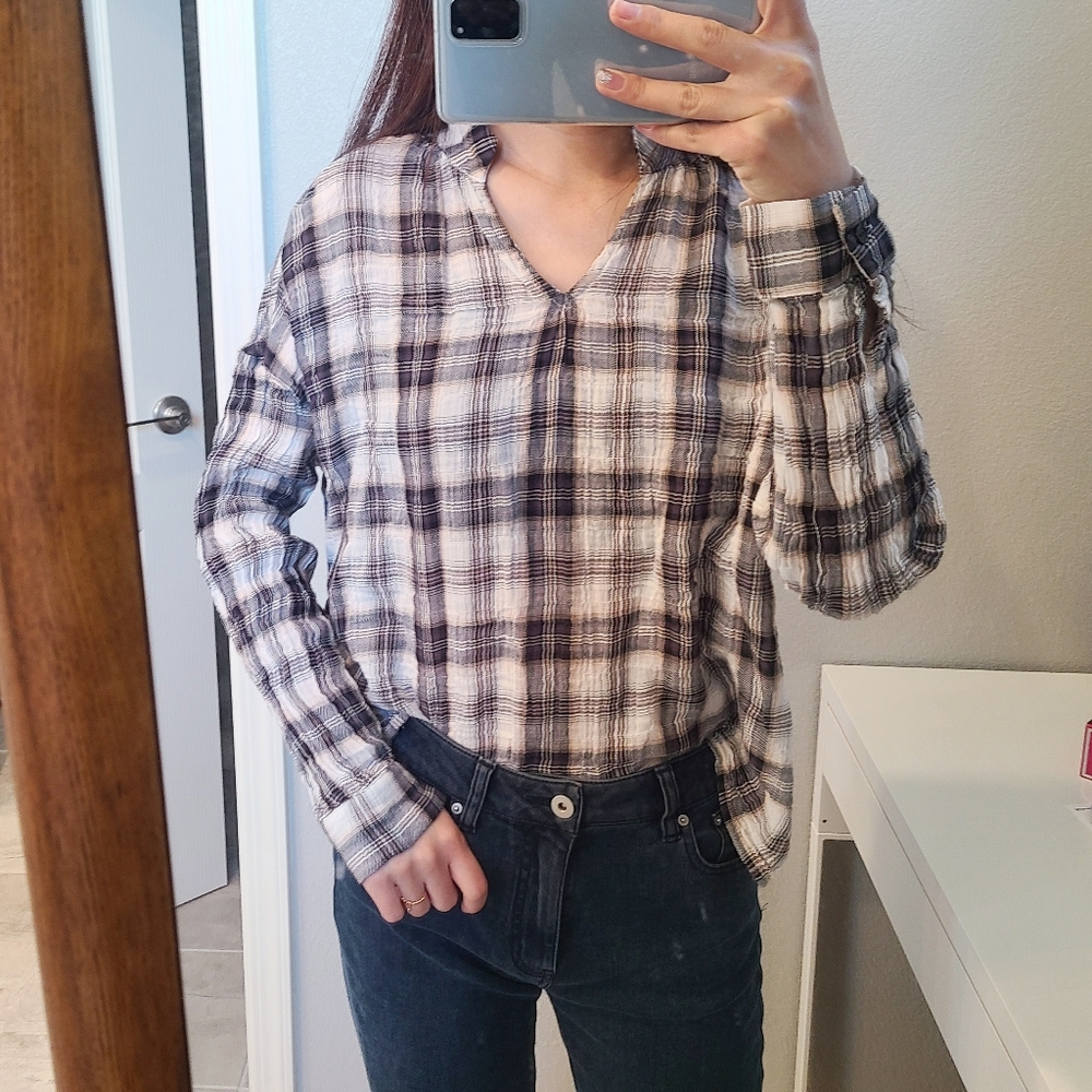 Lush Dolman Long Cuff Sleeves Plaid Stand Collar V-neck Top - Picture 5 of 5
